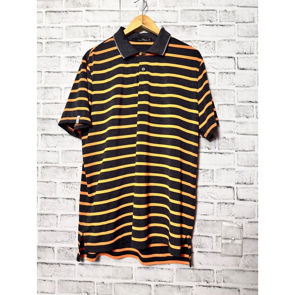 RLX Ralph Lauren‎ Mens Large Performance Polo Shirt Striped Grey Orange Golf L